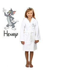 Grey Cat Cartoon Design & Custom Name Embroidery on Kids Hooded Bathrobe
